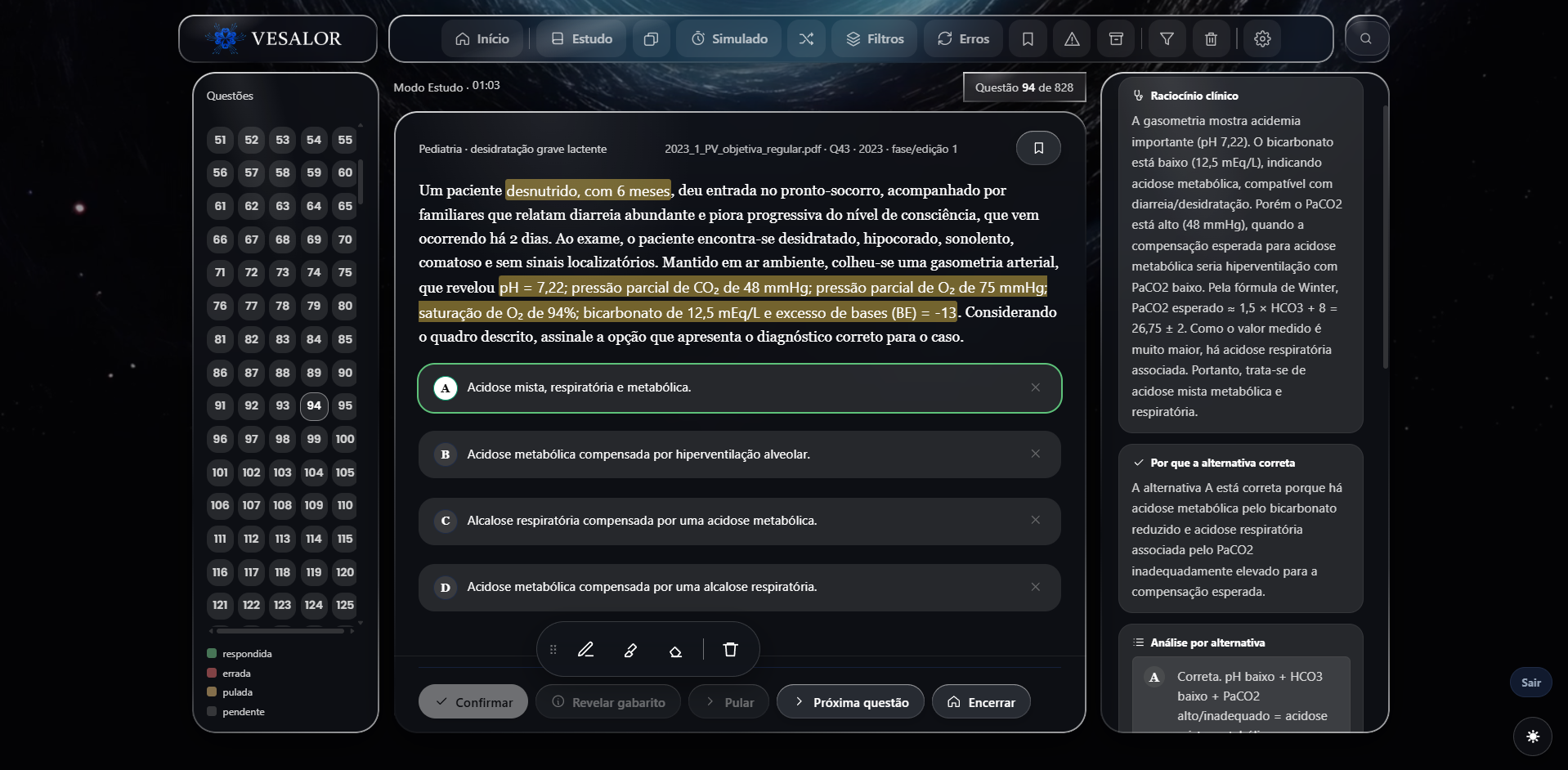 Modo Estudo do Vesalor: enunciado com trechos marcados, alternativas e, à direita, o raciocínio clínico, o porquê da alternativa correta e a análise por alternativa