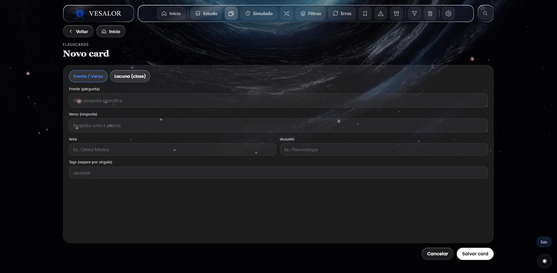 Editor de novo flashcard: frente e verso ou lacuna, área, assunto e tags