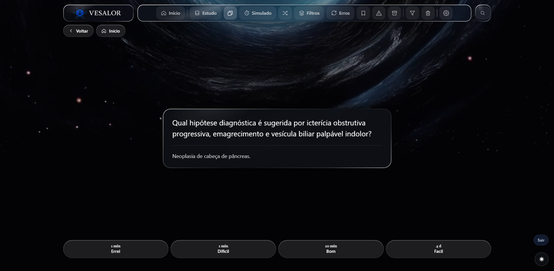 Revisão de flashcard no Vesalor: pergunta, resposta e botões de dificuldade Errei, Difícil, Bom e Fácil