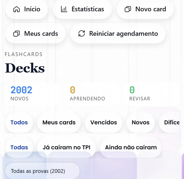 Tela de decks antes: números de novos, aprendendo e revisar em azul, âmbar e verde claros, pouco legíveis