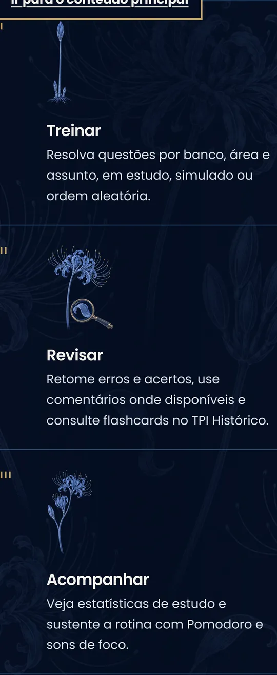 Seção Treinar, Revisar e Acompanhar da página inicial no celular, cada item com uma gravura de lírio azul