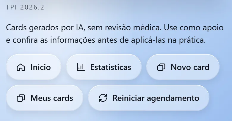 Topo da tela de Flashcards do TPI 2026.2 com o aviso Cards gerados por IA, sem revisão médica, acima dos botões