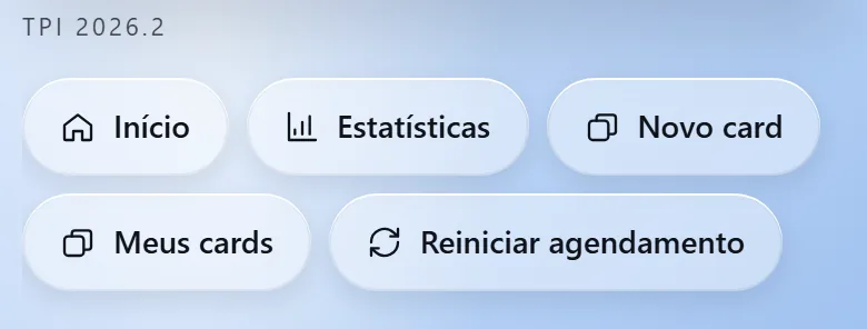 Topo da tela de Flashcards do TPI 2026.2 sem o aviso, com os botões logo abaixo do nome da edição