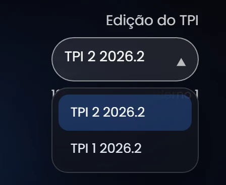 A mesma lista no tema escuro, num painel de vidro com cantos arredondados e a opção TPI 2 2026.2 destacada em azul