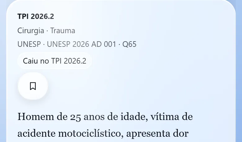 Questão de Cirurgia da UNESP 2026 no modo TPI 2026.2 com o selo Caiu no TPI 2026.2 acima do enunciado