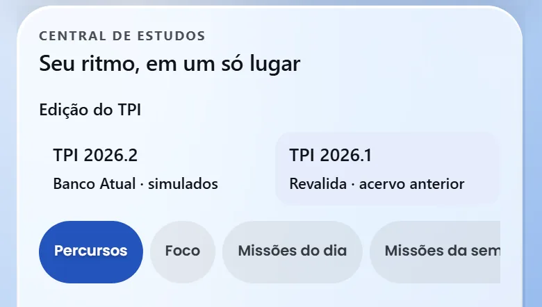 Central de estudos na Alpha 1.27: seletor Edição do TPI com duas opções, TPI 2026.2 Banco Atual simulados e TPI 2026.1 Revalida acervo anterior, e as abas de percurso cortadas na borda