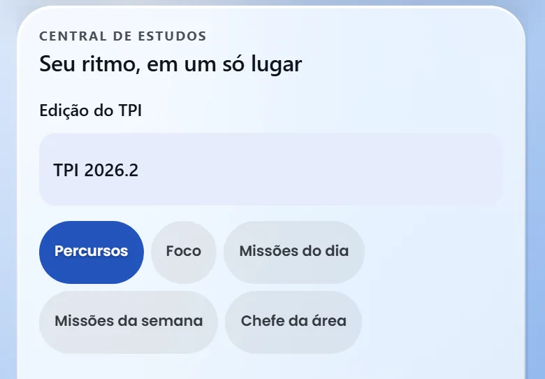 Central de estudos na Alpha 1.28: Edição do TPI com uma opção só, TPI 2026.2, e as abas de percurso inteiras em duas linhas