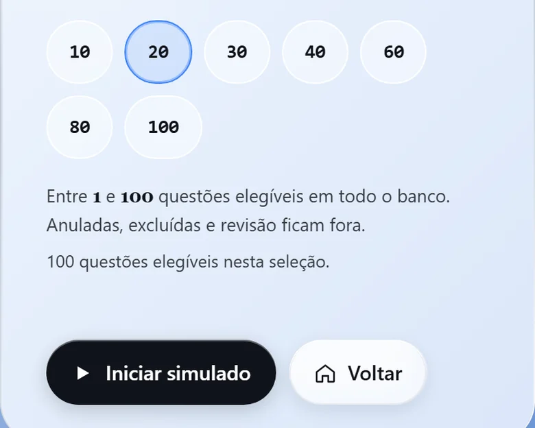 Parte de baixo da tela Configurar simulado na Alpha 1.28: botões de quantidade de 10 a 100 questões, o total de questões elegíveis e só os botões Iniciar simulado e Voltar