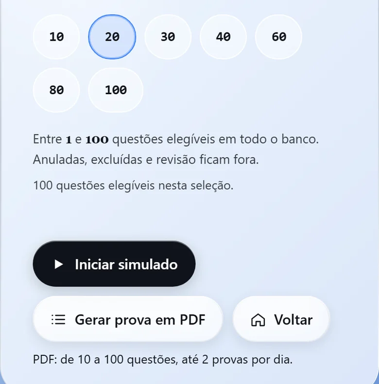 A mesma tela na Alpha 1.29, com o botão Gerar prova em PDF ao lado de Voltar e a linha PDF: de 10 a 100 questões, até 2 provas por dia
